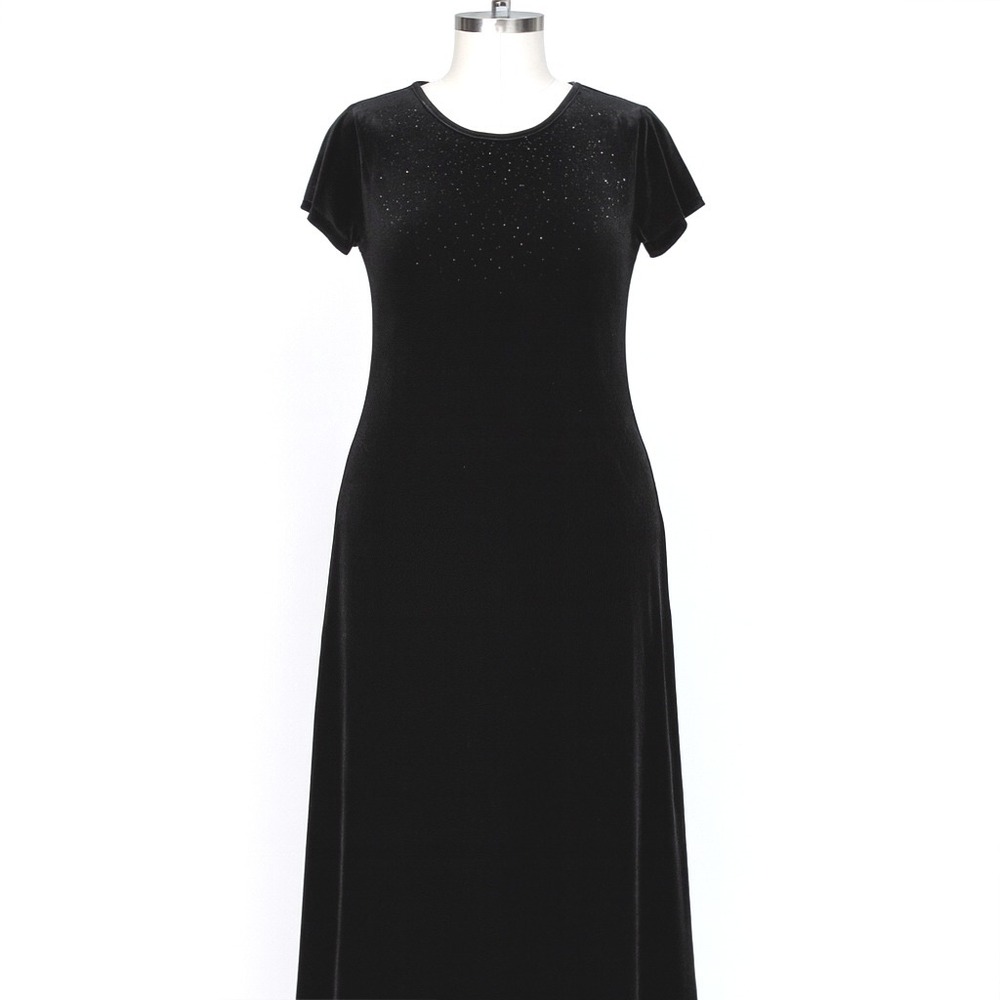 J.R. Nites by Caliendo Dress 4 Petite Black Velvet Maxi Beaded Goth Glam Vintage
